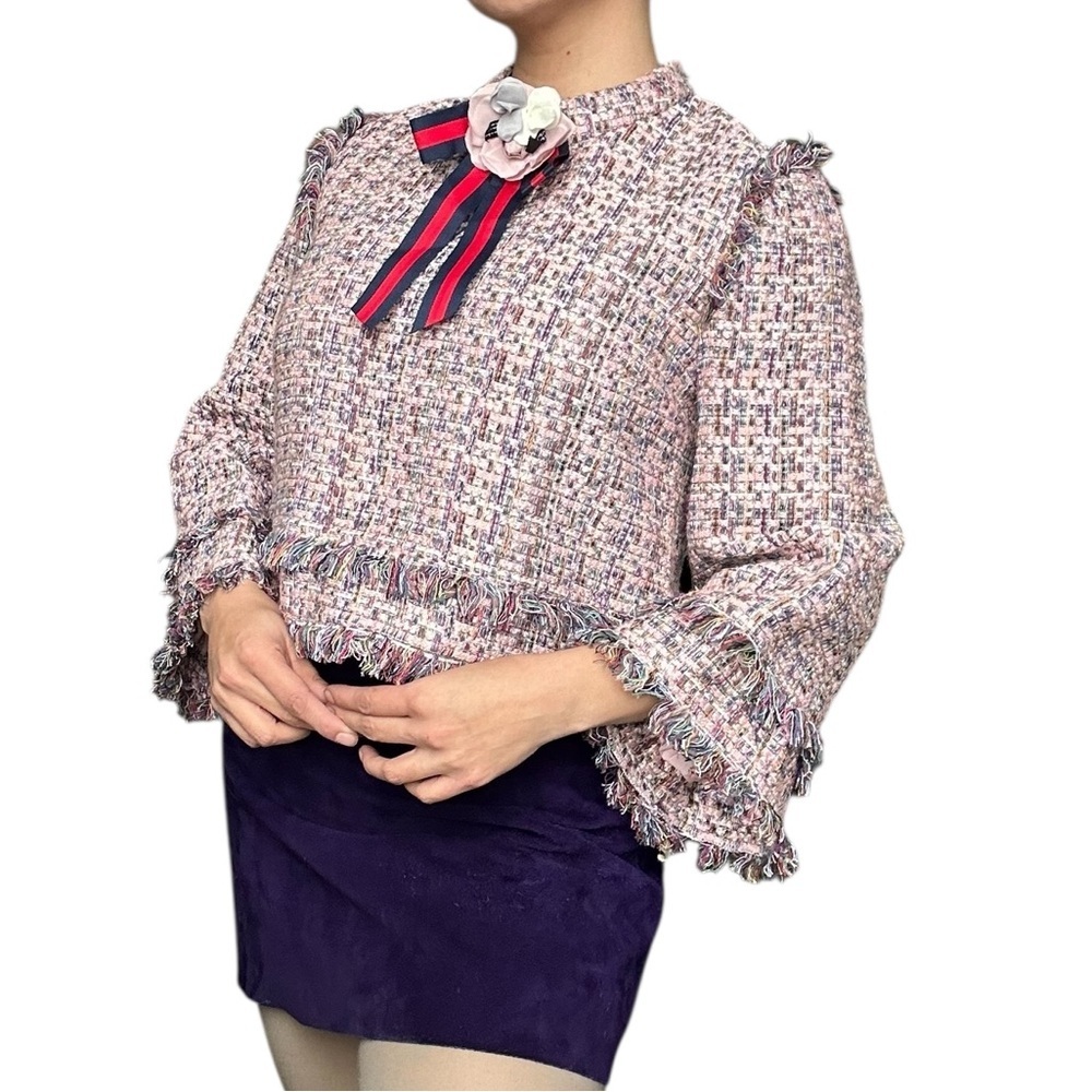 Luxlead Tweed Bell Sleeve Top with necklace- small